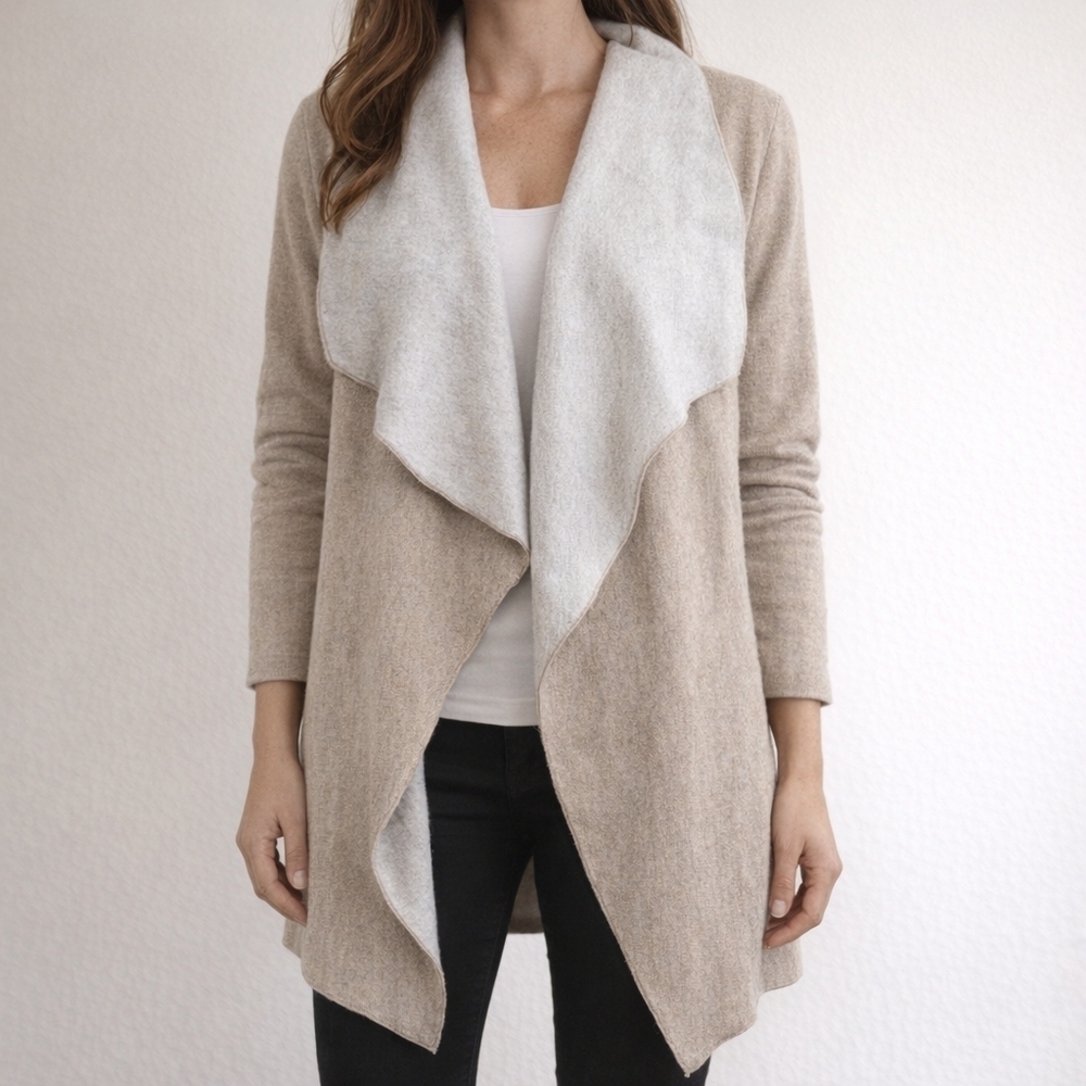 Zara Beige Cream Open-Front Knit Waterfall Draped Sweater M Cardigan Coatigan